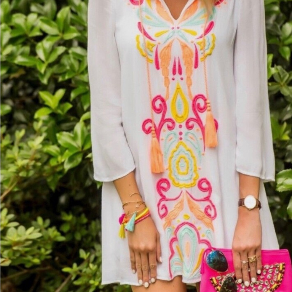 LILLY PULITZER Ellie Tunic Dress Resort White Neon Embroidery Tassels B… - Picture 2 of 7